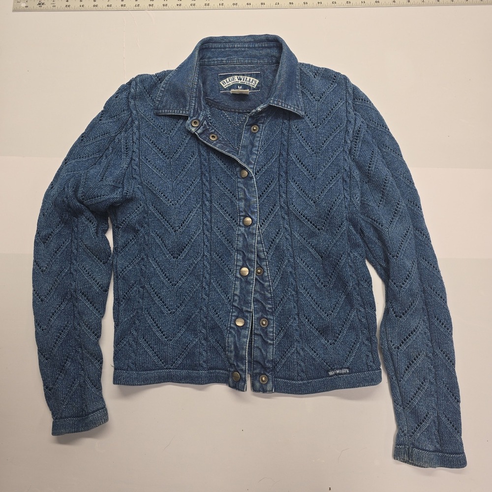 Blue Willis Denmark Indigo Knit Pointelle Cardigan Jacket Womens Medium Blue